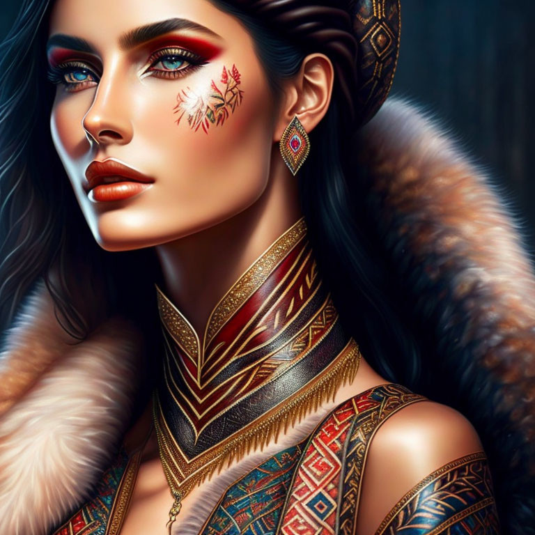 Portrait of Woman with Striking Blue Eyes and Tribal Makeup