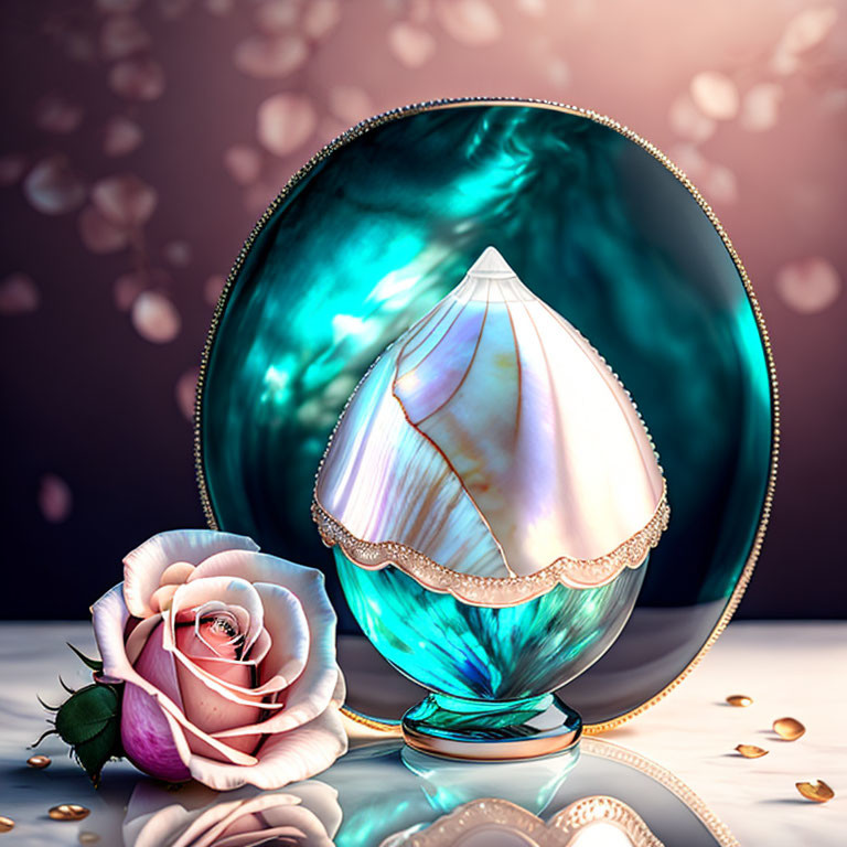 Iridescent green orb with seashell, pink rose, and petals on reflective surface