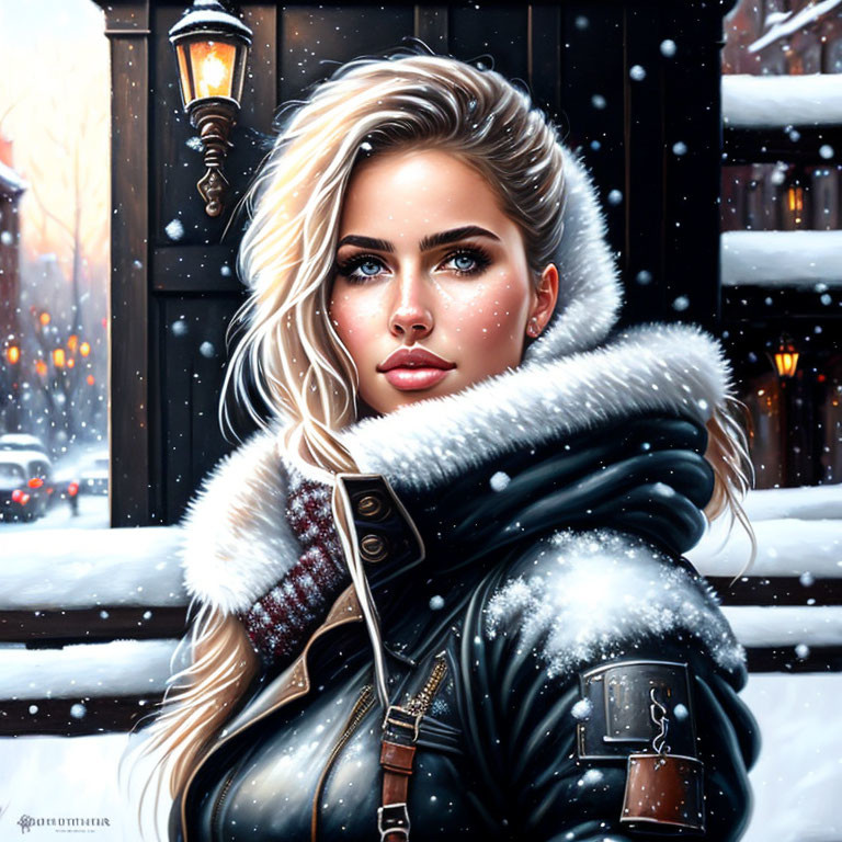 Blonde Woman in Winter Coat with Snowflakes and Snow-covered Streets
