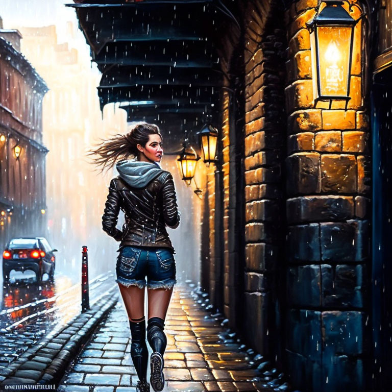 Woman in leather jacket and denim shorts strolling on rainy cobbled street with vintage street lamps