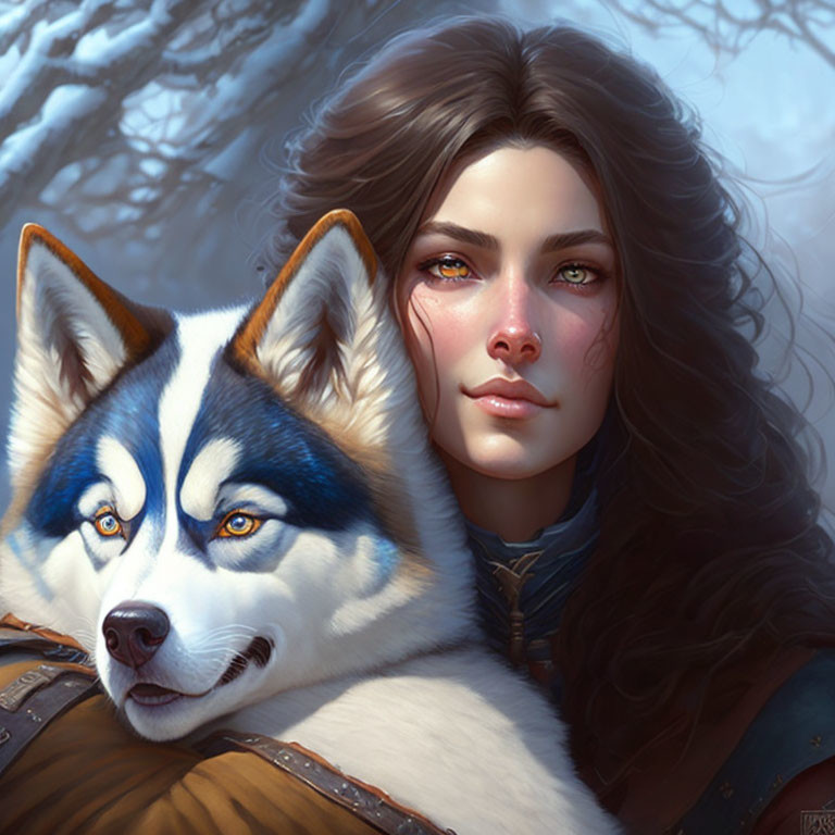 Woman with long dark hair and husky in winter scene show companionship