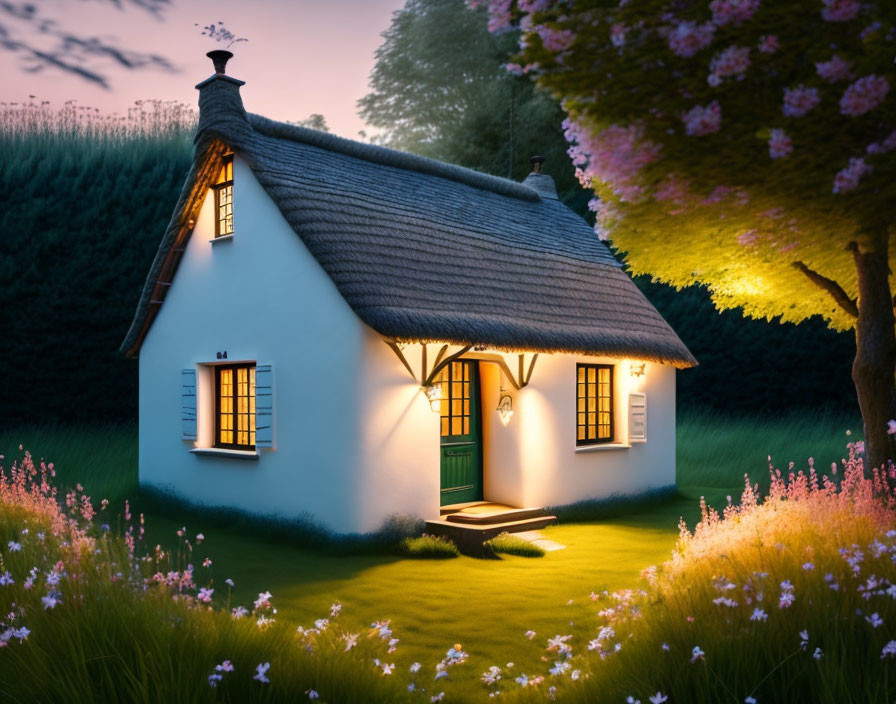 White Thatched Cottage in Meadow at Twilight