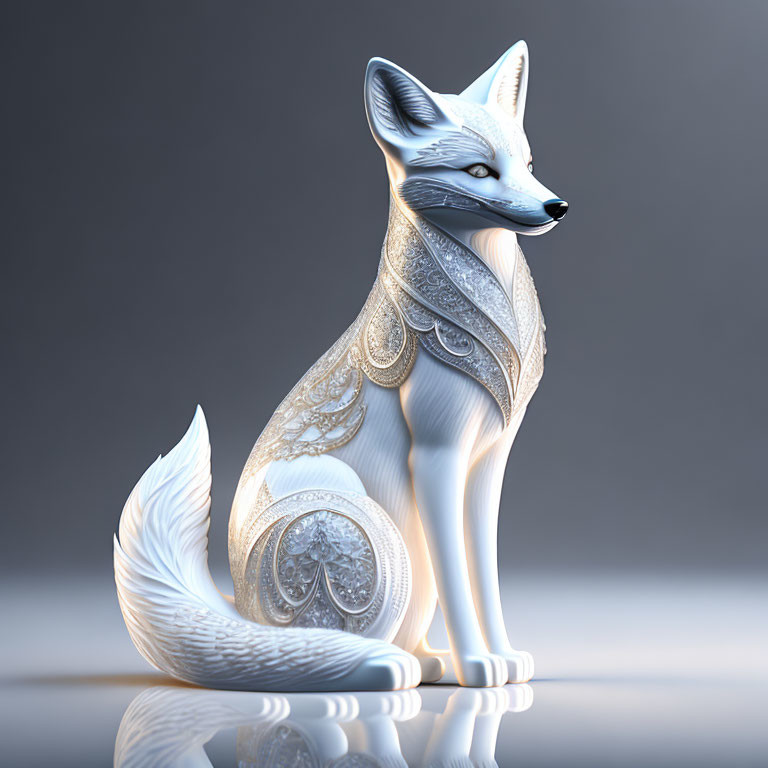 Stylized white fox with silver filigree patterns in 3D illustration