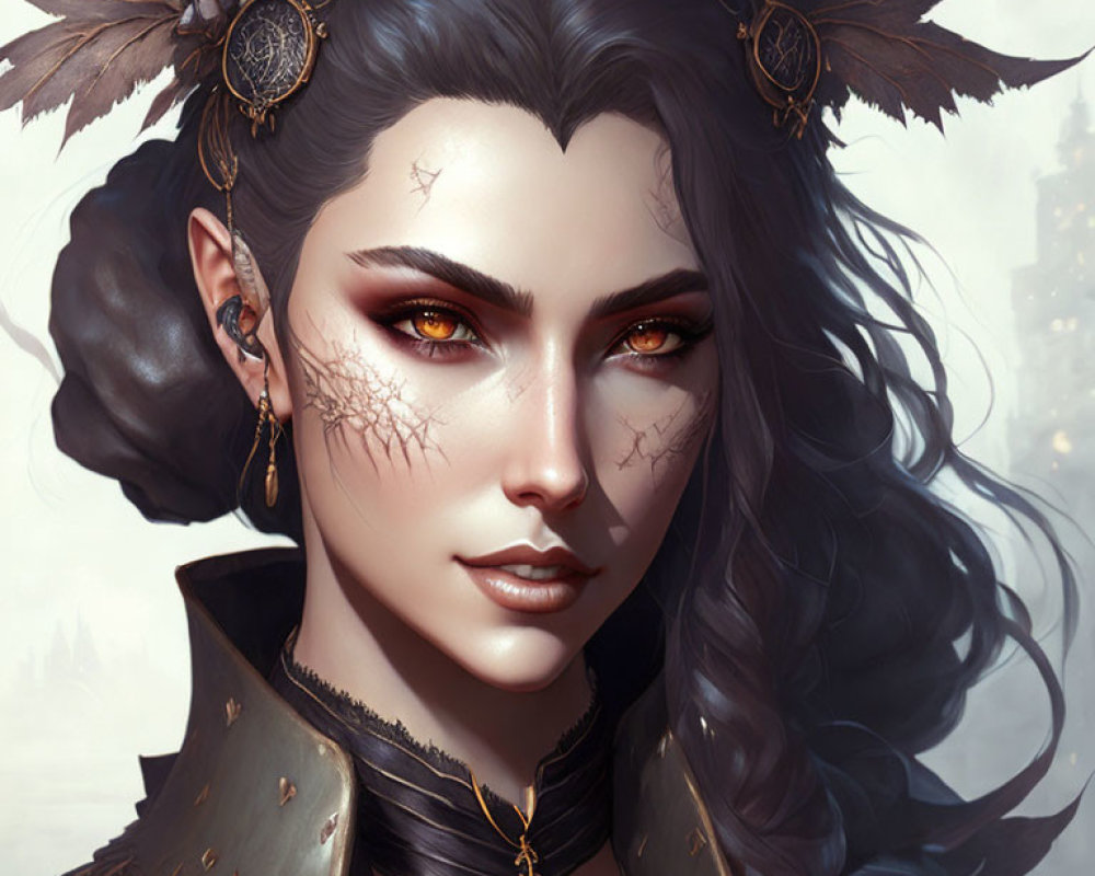 Fantasy portrait of woman with black hair, golden eyes, cracked markings, regal dark attire