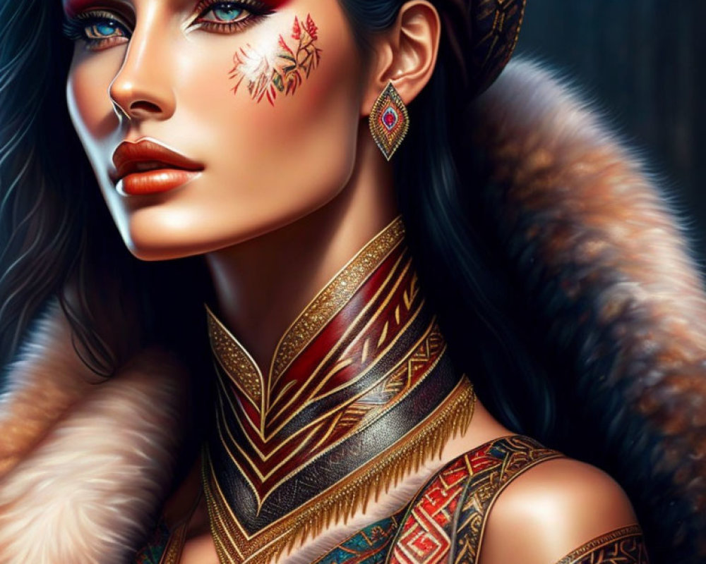 Portrait of Woman with Striking Blue Eyes and Tribal Makeup