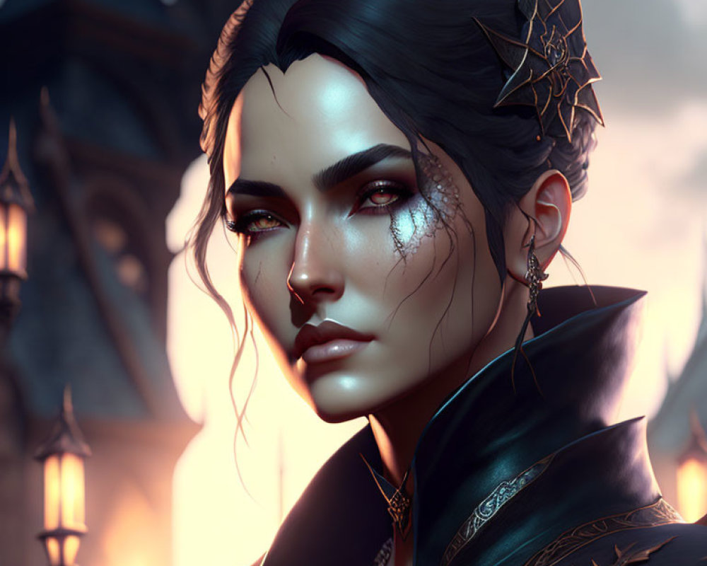 Digital artwork featuring woman with dark hair, pale skin, striking eyes, and high-collared cloak