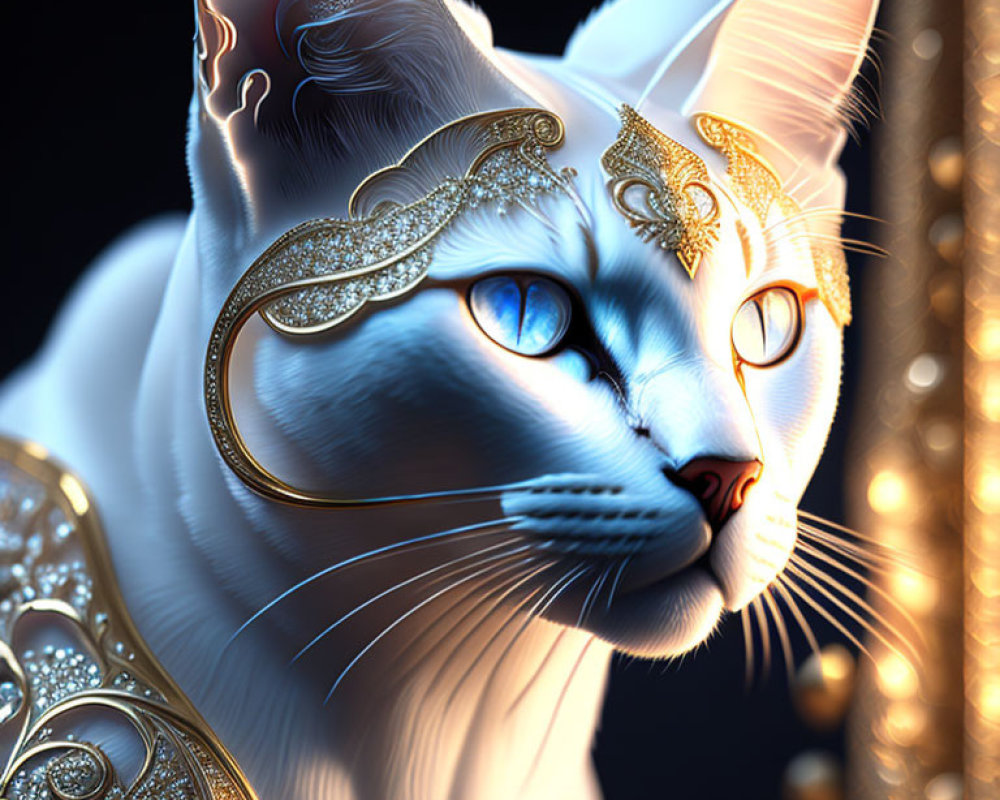 White Cat with Golden Jewelry and Blue Eyes on Dark Background