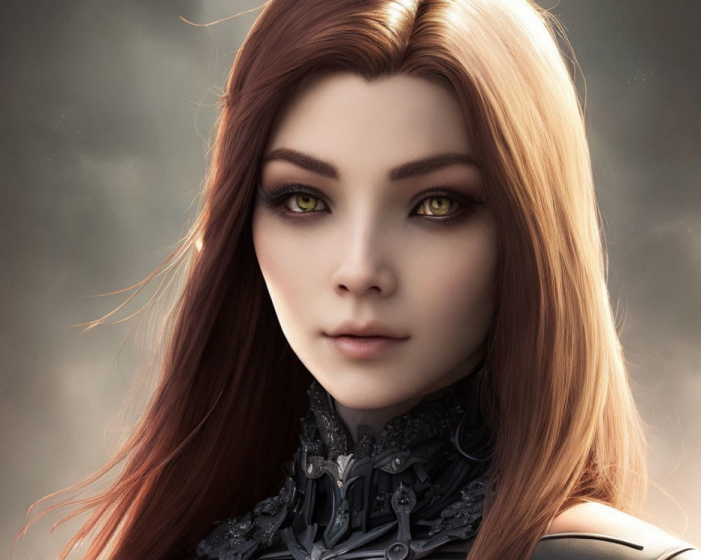 Portrait of female with auburn hair, green eyes, and dark armor.