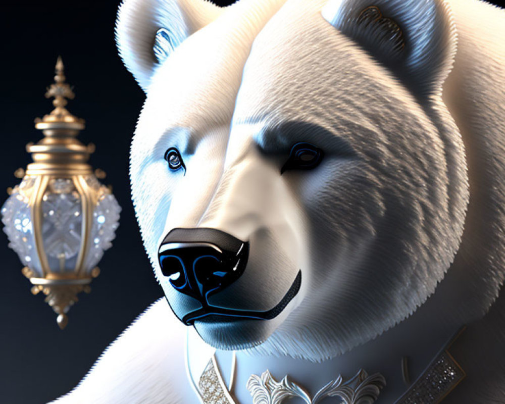 Detailed 3D-rendered anthropomorphic polar bear in royal attire on dark background