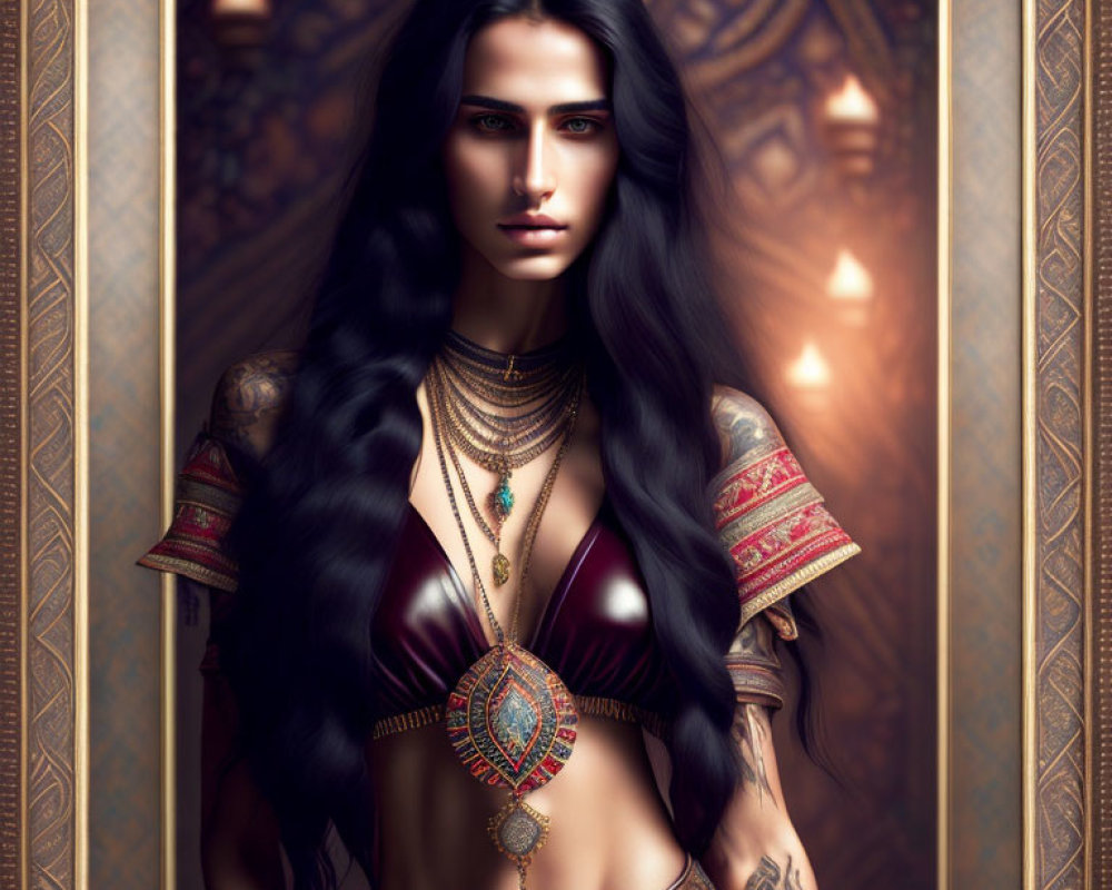 Digital Artwork: Woman with Dark Hair, Ornate Jewelry, Traditional Attire, Candlelit Background
