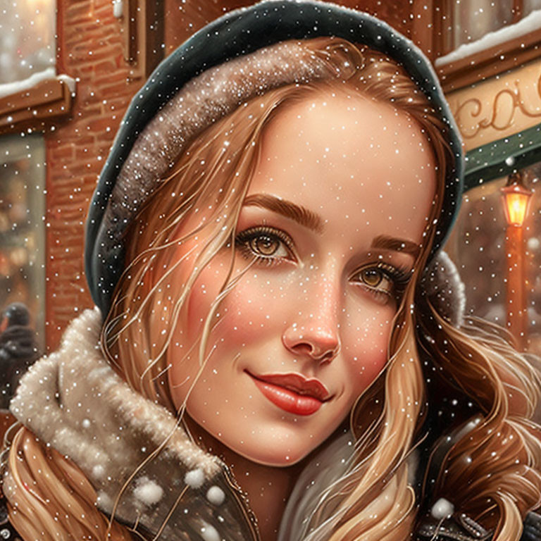 Detailed close-up of serene young woman in winter attire with snowflakes.
