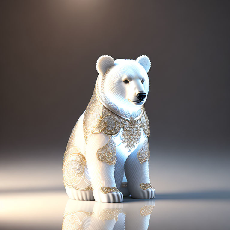 3D-rendered white polar bear with gold patterns on neutral background