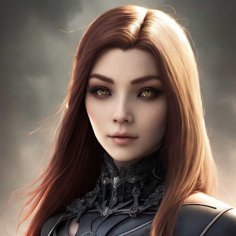Portrait of female with auburn hair, green eyes, and dark armor.