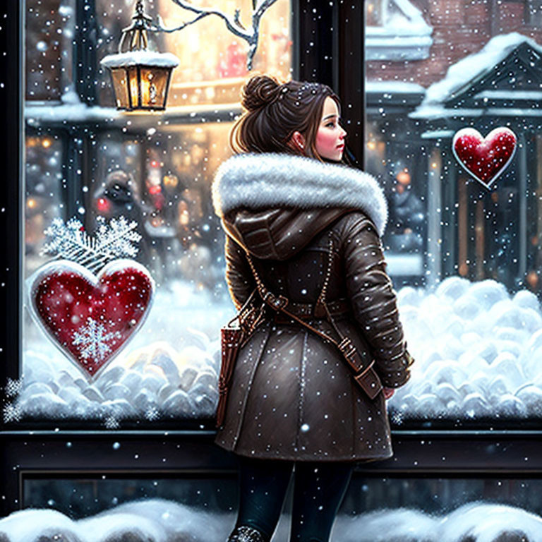 Woman in winter coat with fur collar gazes at snow-covered scene by heart-decorated window as