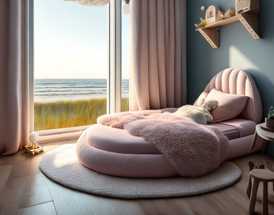 Room with Large Pink Window Seat Cushion and Beach View
