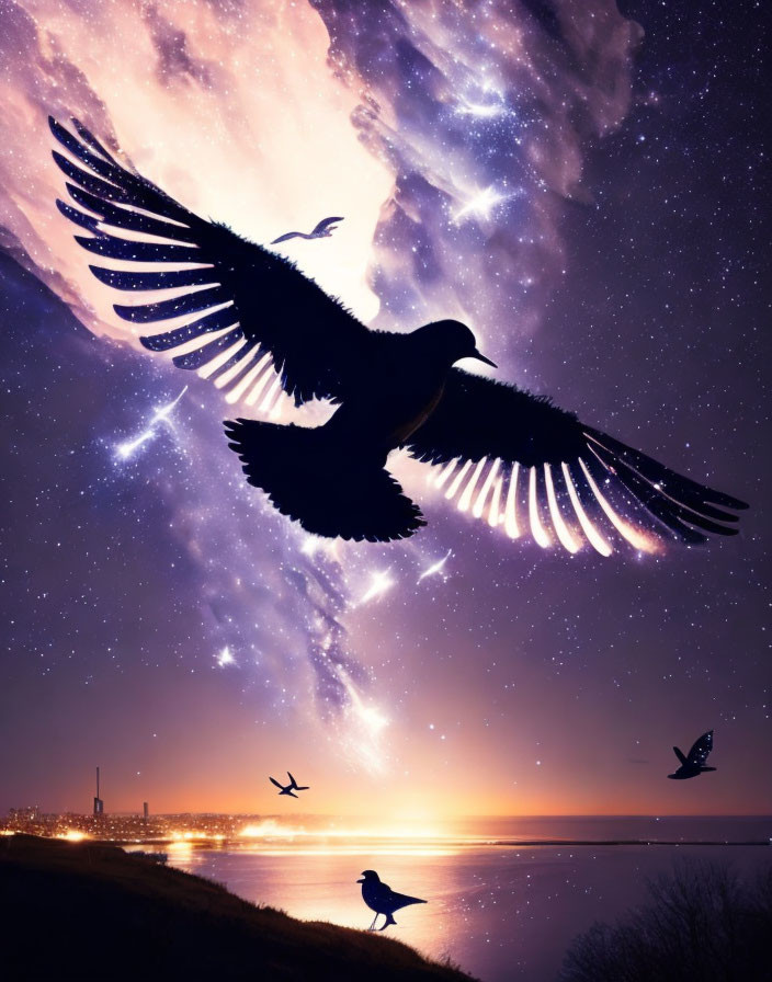 Silhouette of Bird Flying in Twilight Sky with Stars and Industrial Waterfront