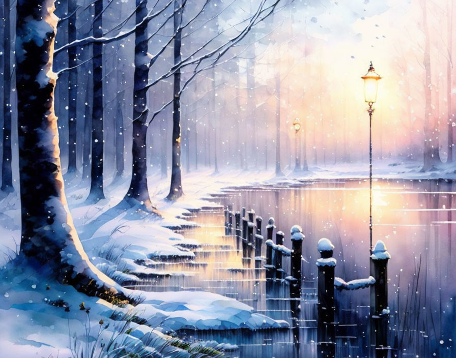 Snow-covered winter path by frozen lake and glowing street lamp at dusk