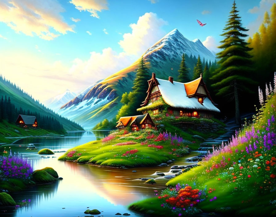 Idyllic landscape: cottage, river, flowers, pine trees, mountains