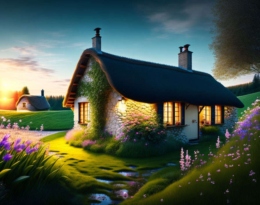 Cozy Thatched-Roof Cottage in Lush Garden at Twilight