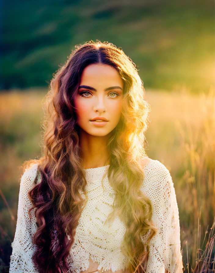 Woman with long wavy hair in white top standing in sunlit field