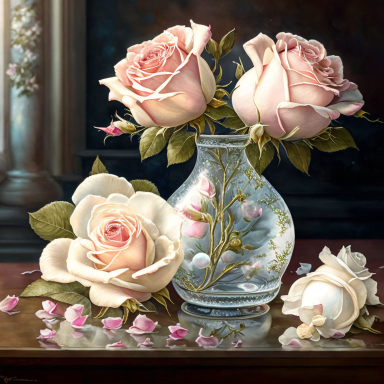 Realistic painting: Pink roses bouquet in glass vase on reflective surface