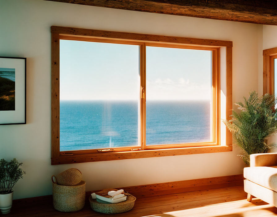 Tranquil room with large window overlooking calm sea, sunlit interior, plants, chair, and