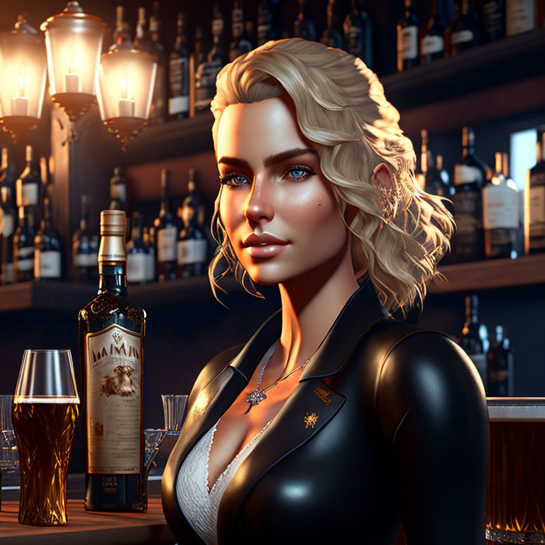 Detailed digital art of woman in bar with bottle and glass, elegant jewelry, stylish outfit