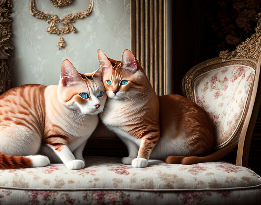 Two Orange and White Cats with Blue Eyes on Ornate Antique Chair