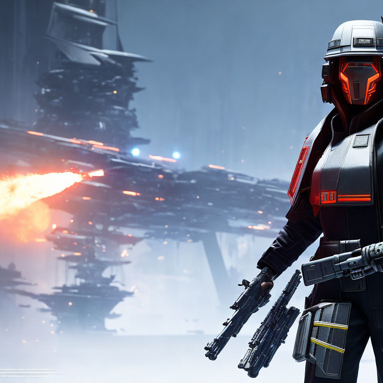 Sci-fi soldier in black and red armor with dual blasters, spaceship, and fiery explosion.