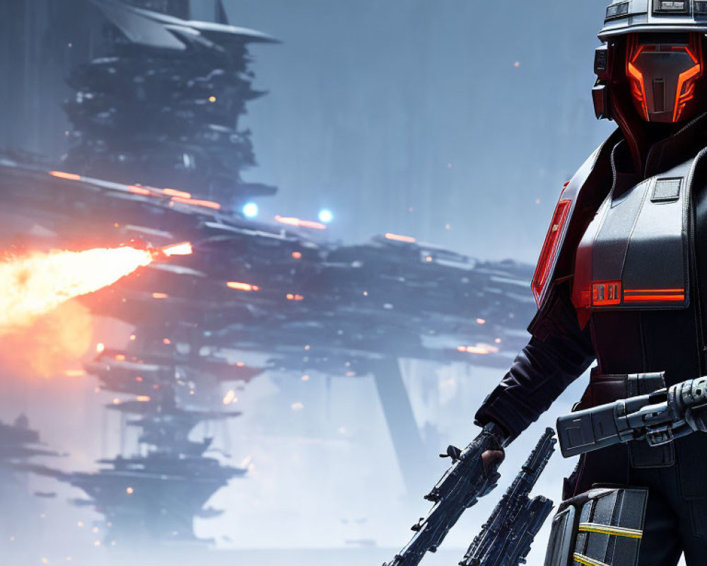 Sci-fi soldier in black and red armor with dual blasters, spaceship, and fiery explosion.