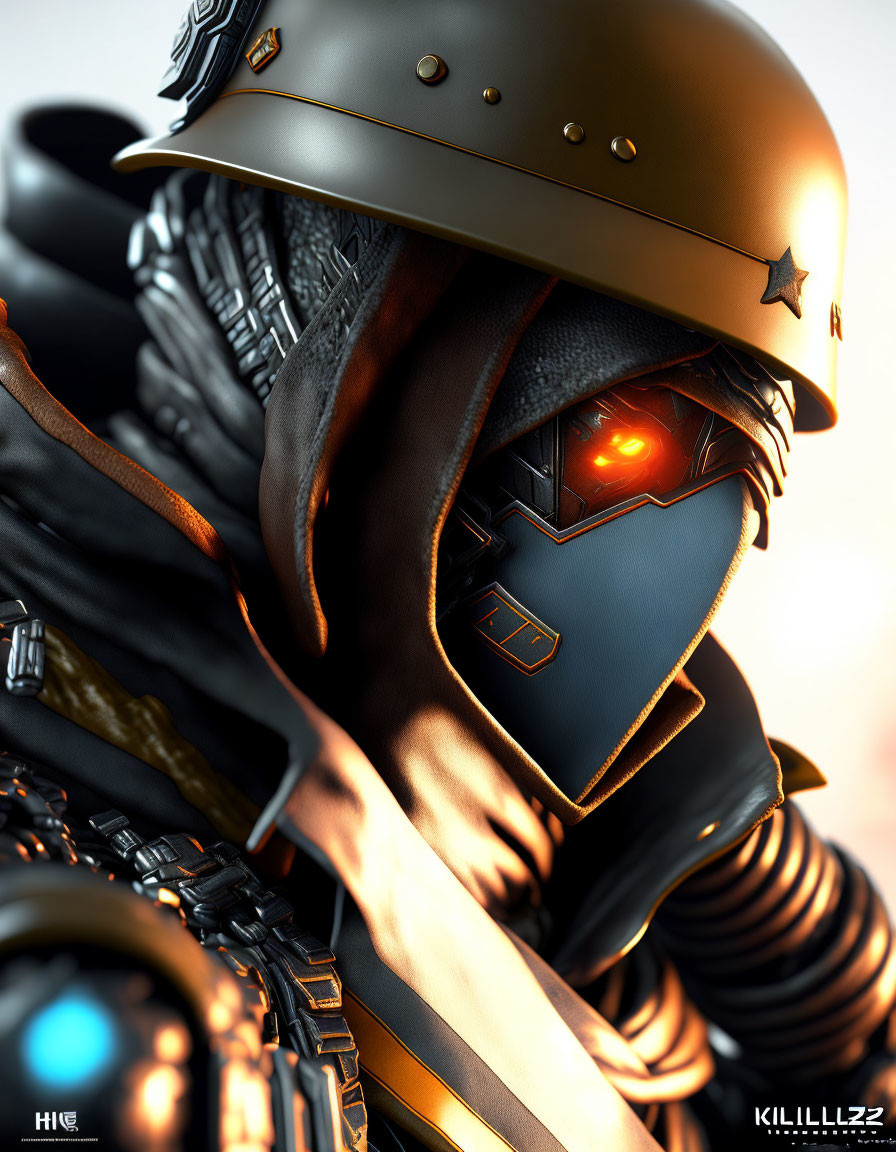 Detailed digital artwork: Futuristic warrior in glowing red eye helmet, intricate armor.