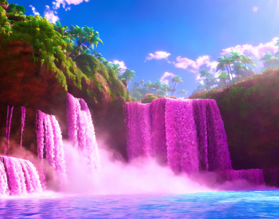 Surreal landscape with pink waterfalls, green cliffs, and azure pool