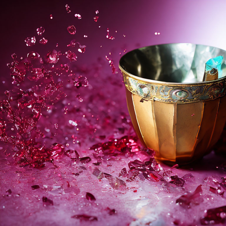 Golden Bowl with Pink Liquid and Shards on Violet Surface