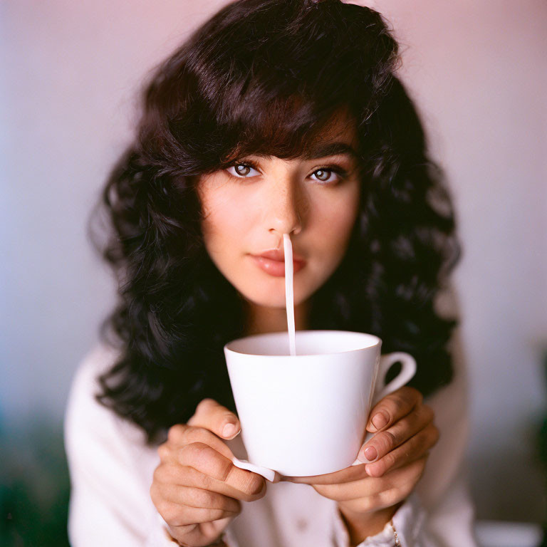 Curly-haired woman holding white cup with milk splash.