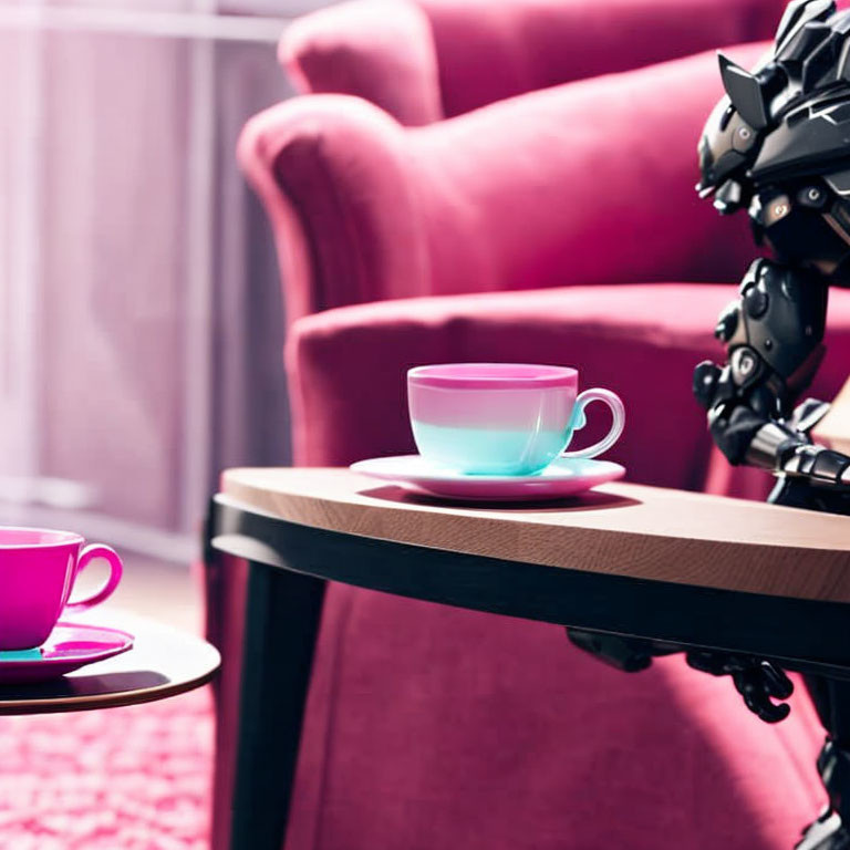 Robotic arm by modern table with colorful teacups in stylish interior
