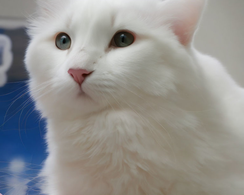 White Fluffy Cat with Blue Eyes and Pink Nose Next to Pink Flower