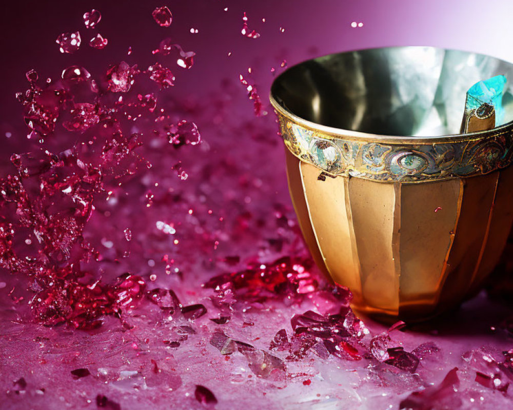 Golden Bowl with Pink Liquid and Shards on Violet Surface