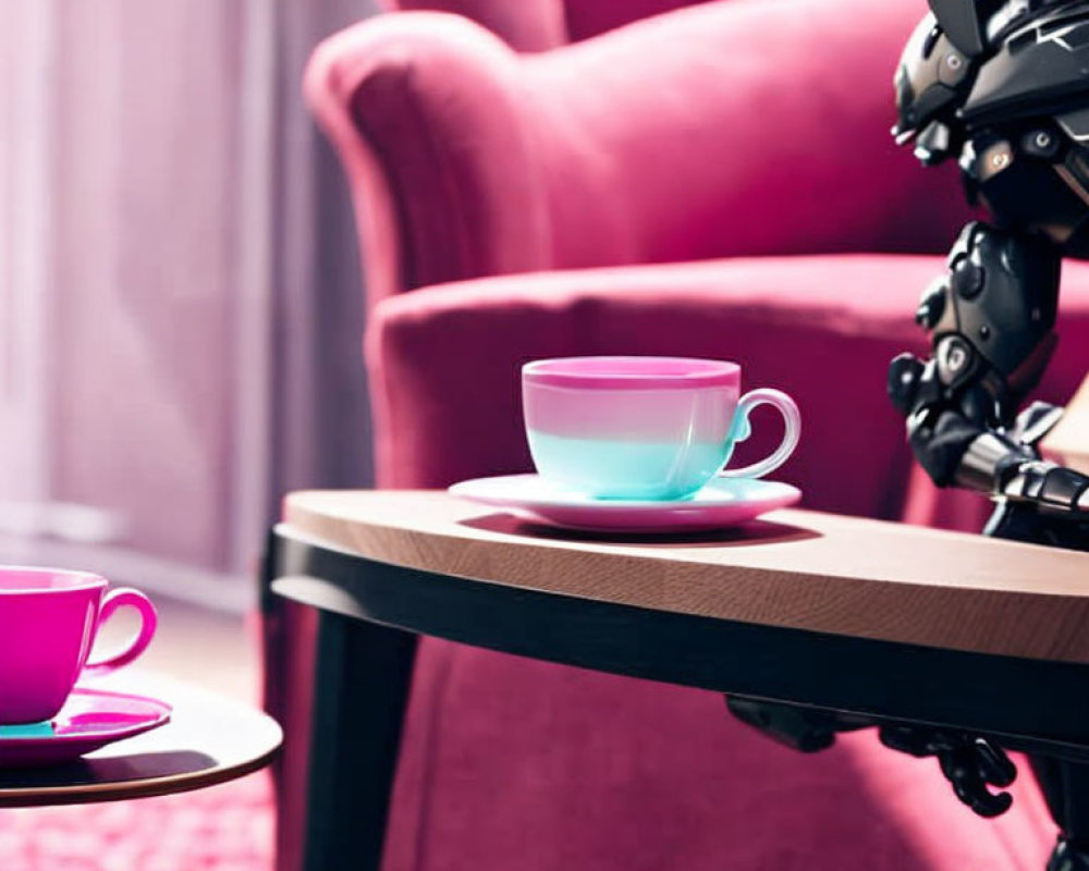 Robotic arm by modern table with colorful teacups in stylish interior