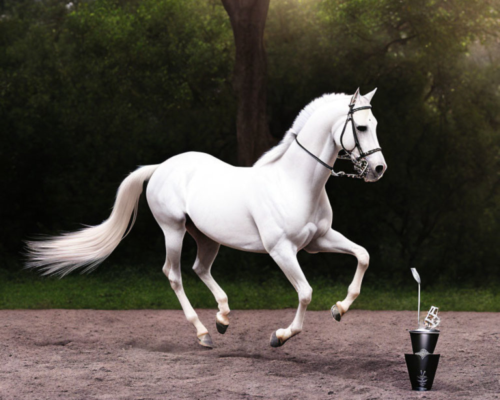 White horse with bridle trots by spilled drink and trees in diffused sunlight