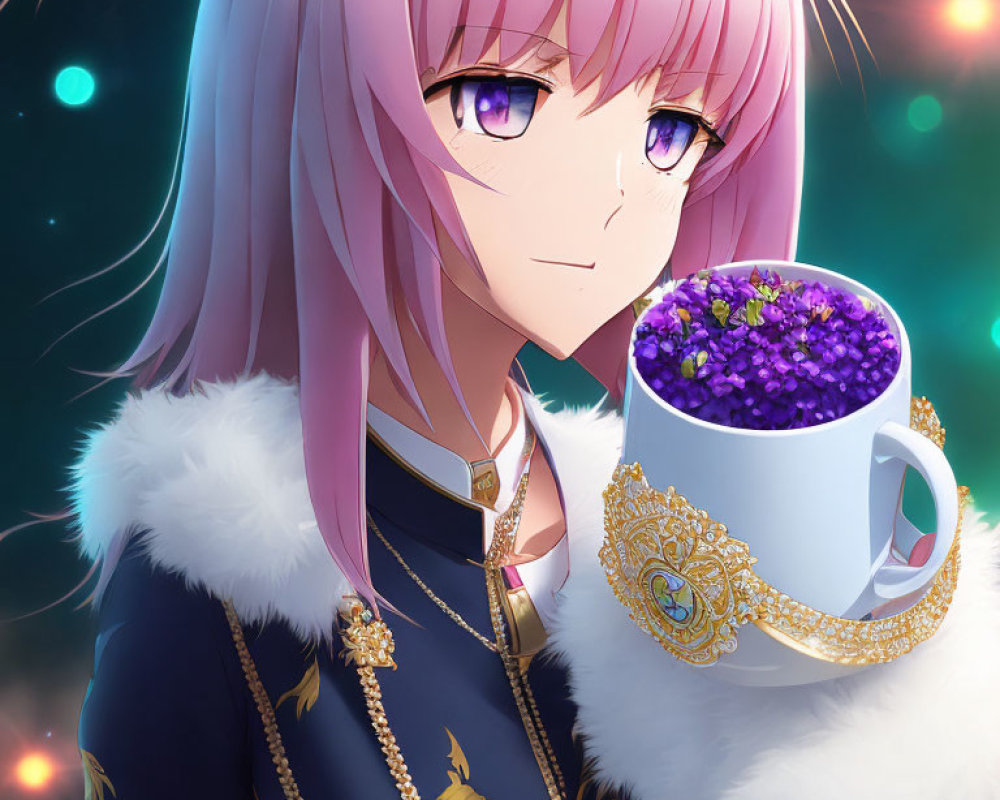 Anime character with pink hair and purple eyes holding a floral cup in blue and gold attire.