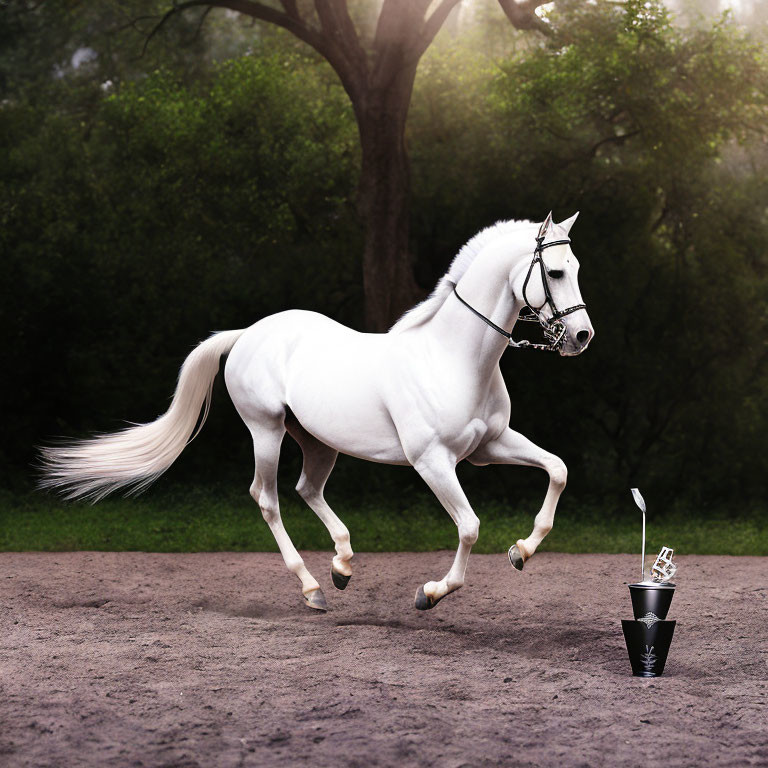 White horse with bridle trots by spilled drink and trees in diffused sunlight