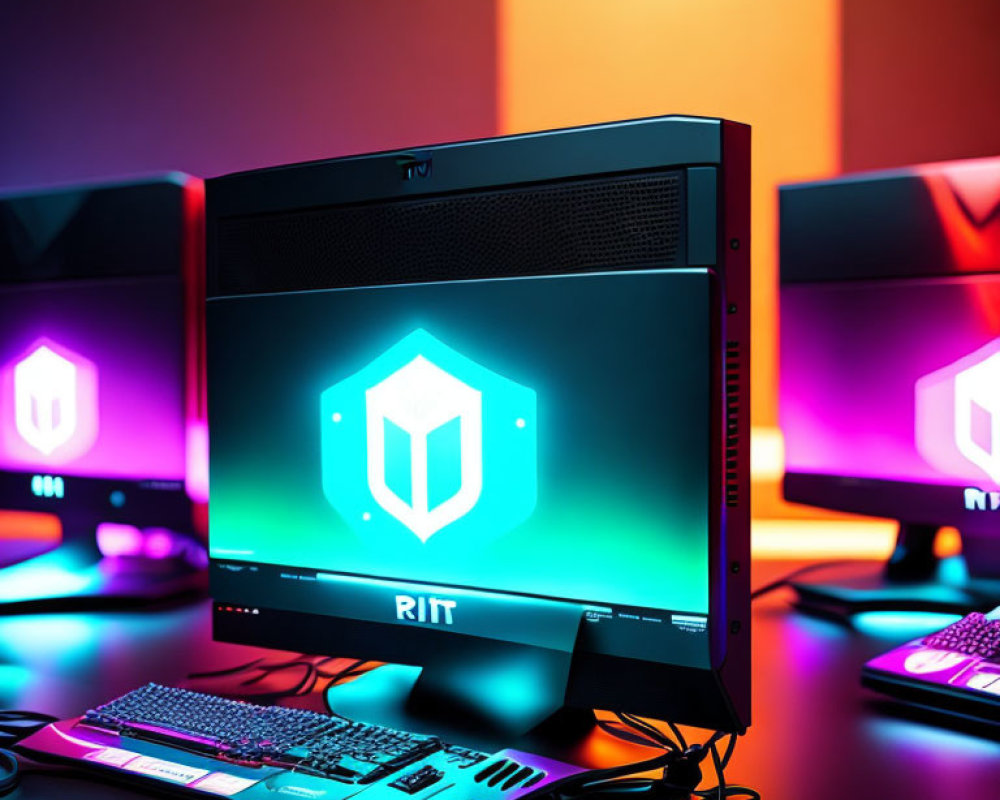 Gaming PCs with RGB Lighting and Matching Shields in Colorful Room