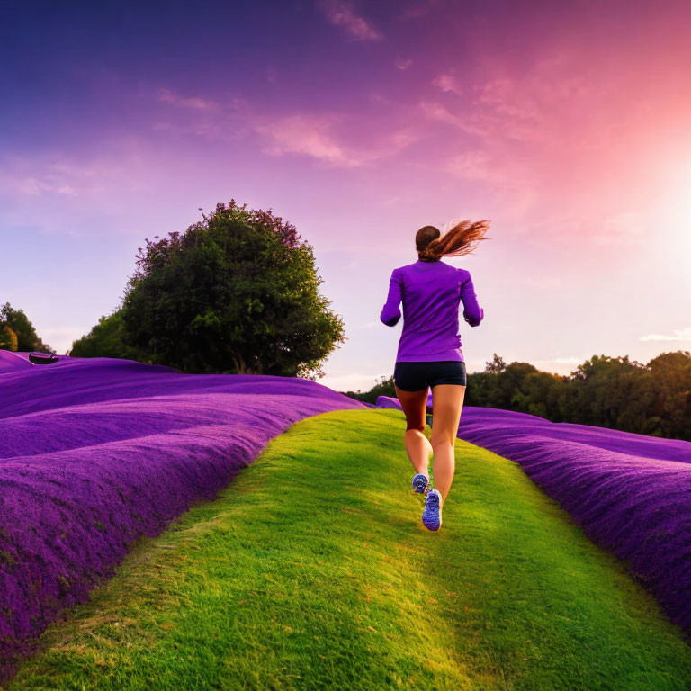 Woman jogging in vibrant lavender fields at sunrise