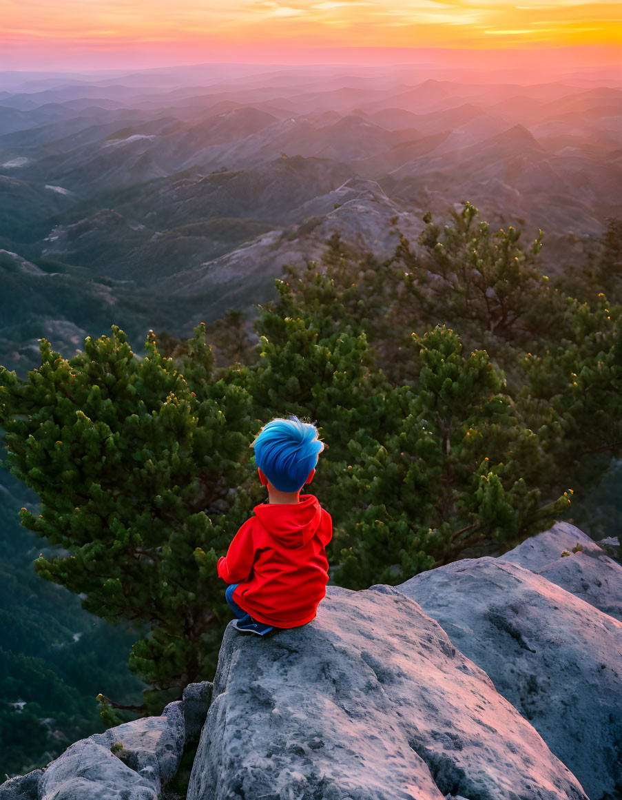 Child with Blue Hair Overlooks Forest and Mountains at Sunset
