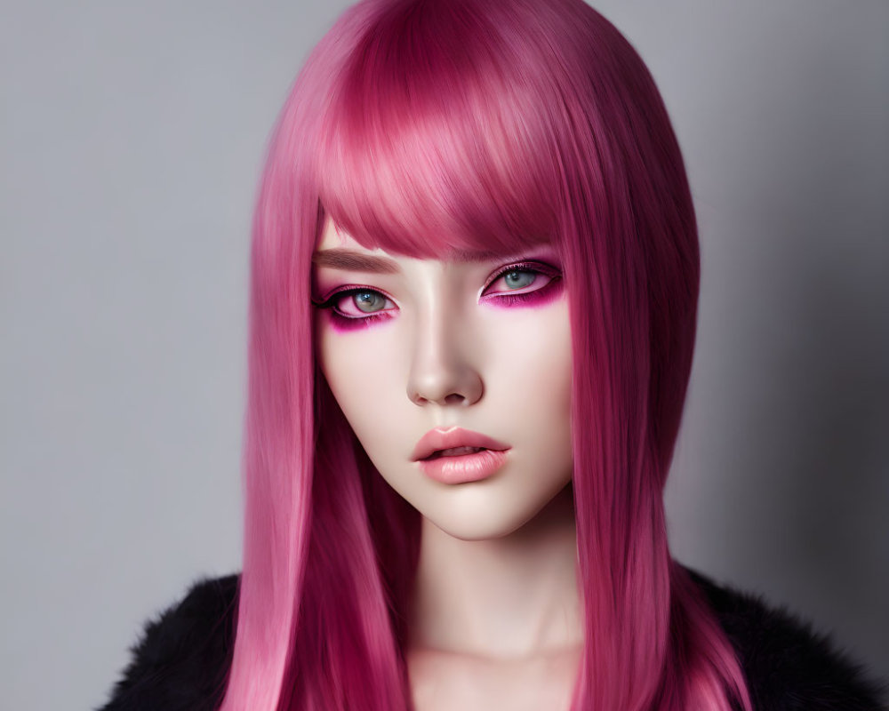 Detailed Digital Portrait: Person with Bright Pink Hair and Eyes on Grey Background