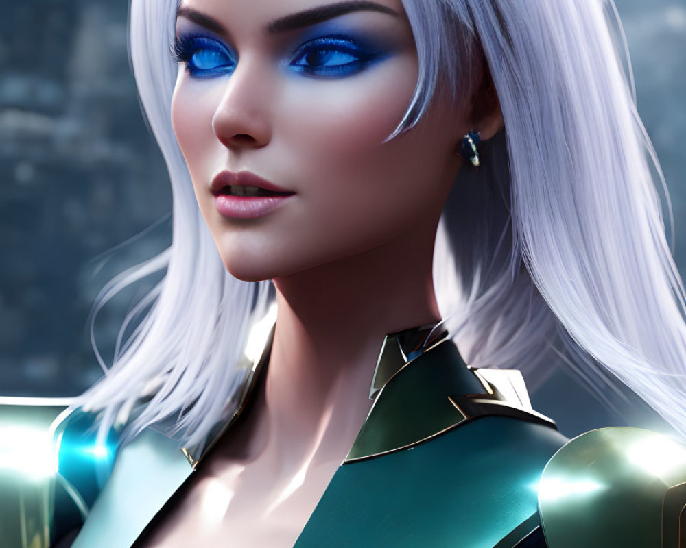 3D illustration of woman with blue eyes in futuristic armor