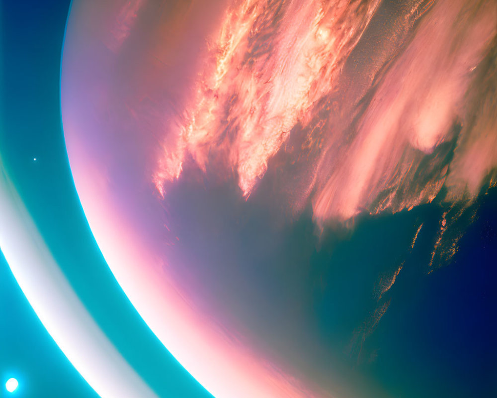 Celestial body with vibrant blue and pink atmosphere and swirling clouds.