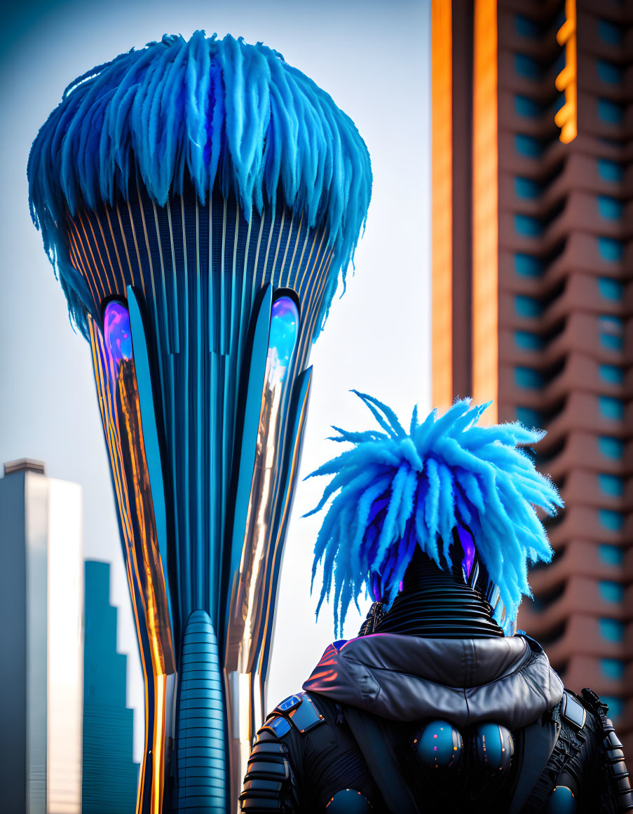 Blue Spiky Wig Person with Urban Art and Modern Buildings