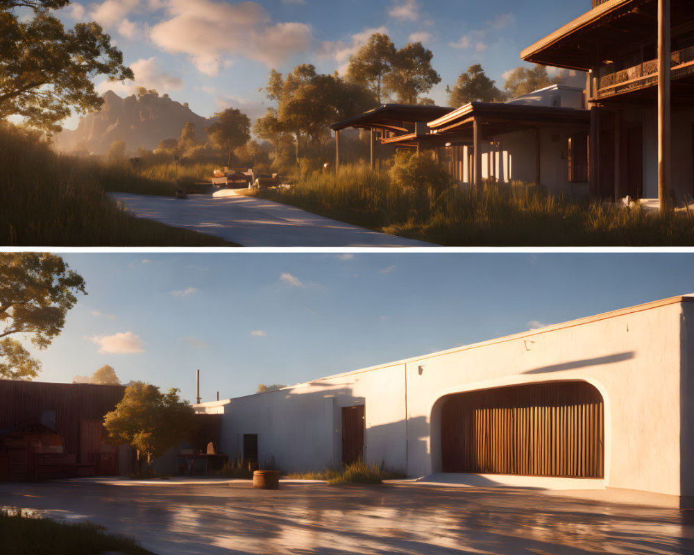 Contrasting house exteriors at sunrise: traditional wooden home vs. modern minimalist design