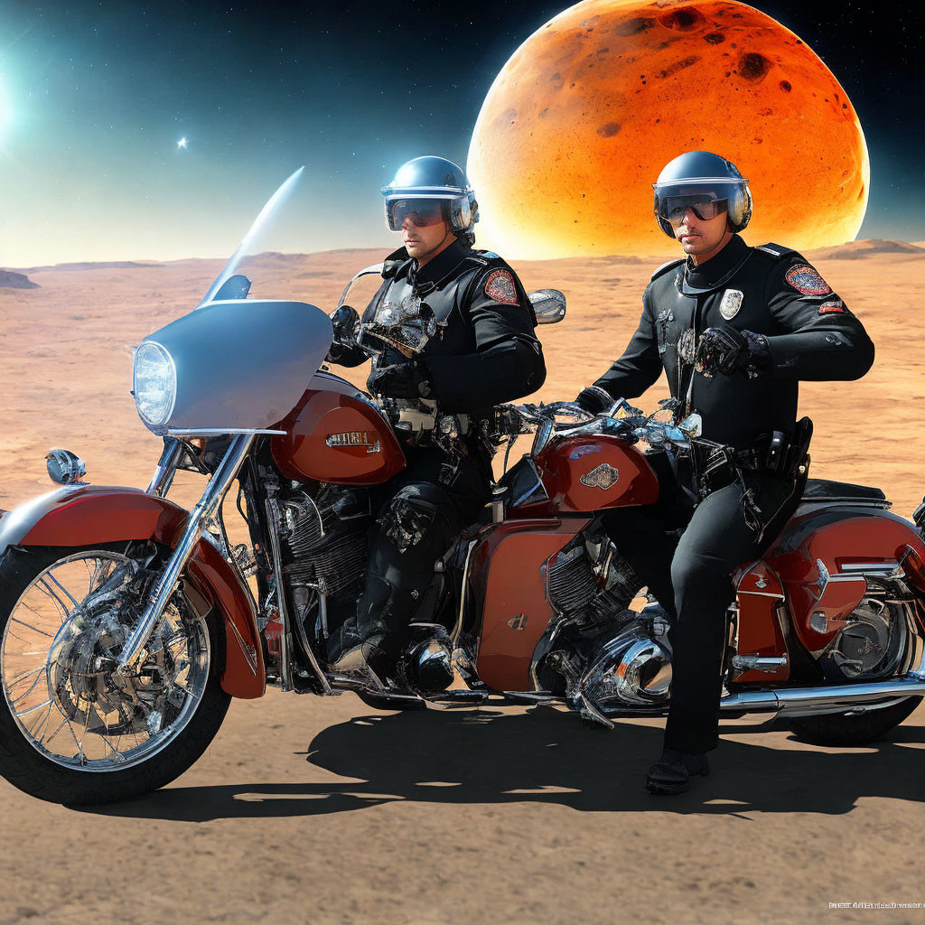 Vintage motorcycles patrol desert planet with large sky planet